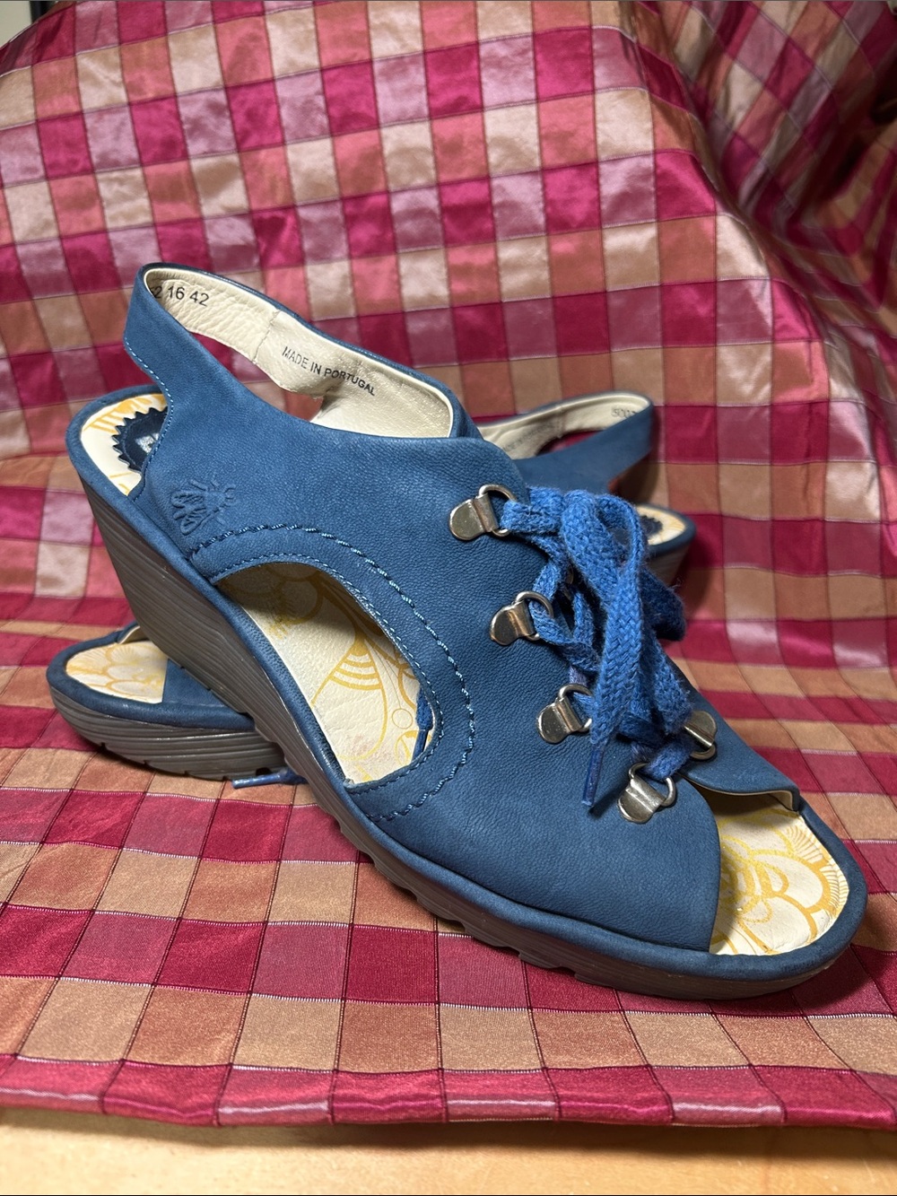 Fly London Ylva, Blue Lace-Up Wedge Sandals, Sz 42